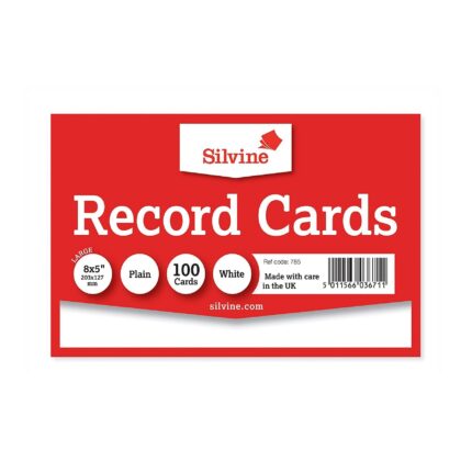 Silvine record cards 204x127mm (8x5 inch) 100 plain white cards - single pack-0