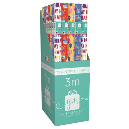 Giftmaker gift wrapping paper happy birthday assorted designs 3m x 69cm - box of 36 rolls-0