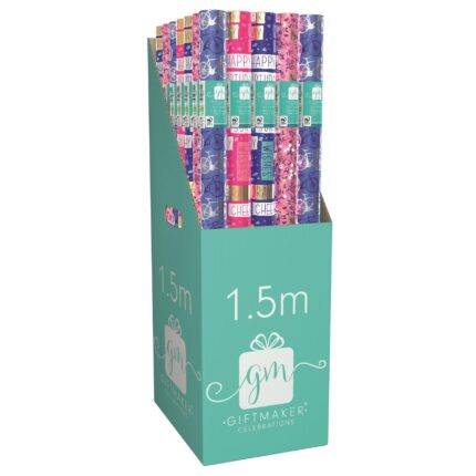 Giftmaker gift wrapping paper male & female foil assorted designs 1.5m x 69cm - box of 36 rolls-0